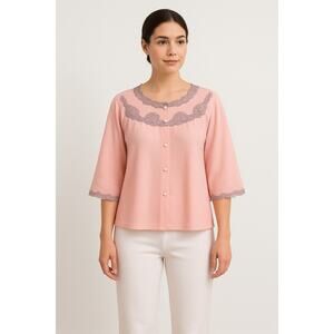 Vintage 1950s Sears Roebuck Charmode Pink Nylon Bed Jacket Lace Yoke medium